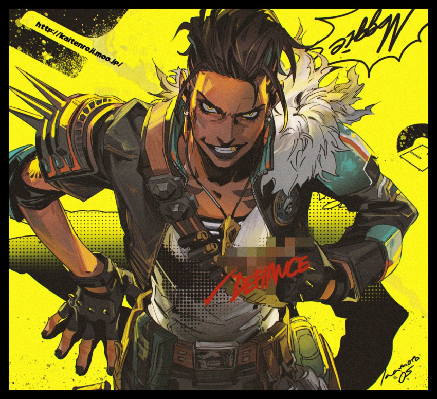 1girl apex_legends belt black_border black_hair black_jacket black_pants border brown_belt brown_eyes censored_gesture dark-skinned_female dark_skin fur_trim iwamoto_zerogo jacket jewelry mad_maggie_(apex_legends) necklace pants shirt shotgun_shell smile solo v-shaped_eyebrows white_shirt yellow_background