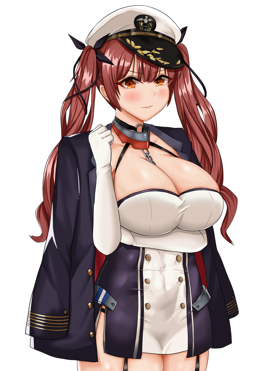 1girl absurdres arm_under_breasts azur_lane black_garter_straps black_panties black_ribbon breasts buttons cleavage collar double-breasted dress elbow_gloves eyebrows_visible_through_hair gloves hair_ribbon hat highres honolulu_(azur_lane) huge_breasts jacket jacket_on_shoulders long_hair looking_at_viewer metal_collar microdress panties peaked_cap purple_jacket red_eyes red_hair ribbon simple_background solo standing takeshiki_no_hirata taut_clothes taut_dress twintails two-tone_dress underwear white_background white_gloves white_headwear