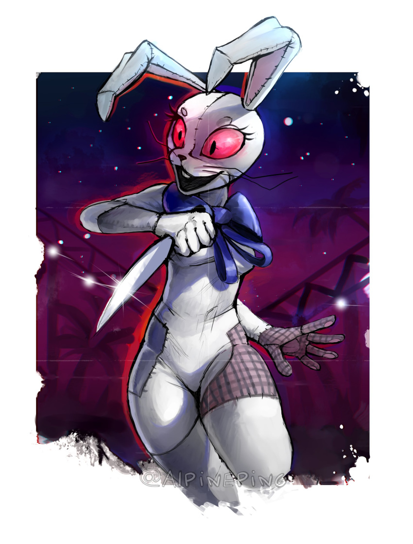 absurd_res alpineping bow_tie buckteeth clothing costume eyelashes female five_nights_at_freddy's glowing glowing_eyes hi_res holding_object holding_weapon human knife lagomorph leporid mammal patch_(fabric) rabbit red_eyes scottgames seam_(sewing) smile solo stitch_(sewing) teeth vanny_(fnaf) video_games weapon whiskers white_body