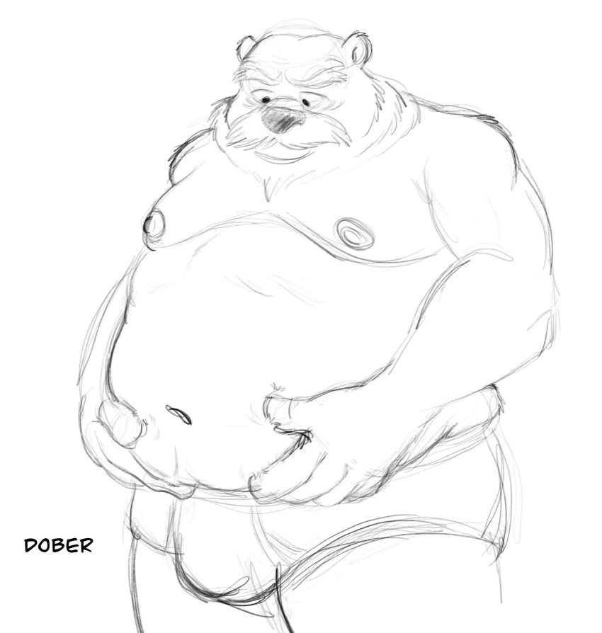 2021 anthro belly bulge clothing dober facial_hair hi_res humanoid_hands male mammal mature_male moobs mustache navel nipples overweight overweight_male simple_background sketch solo underwear ursid white_background