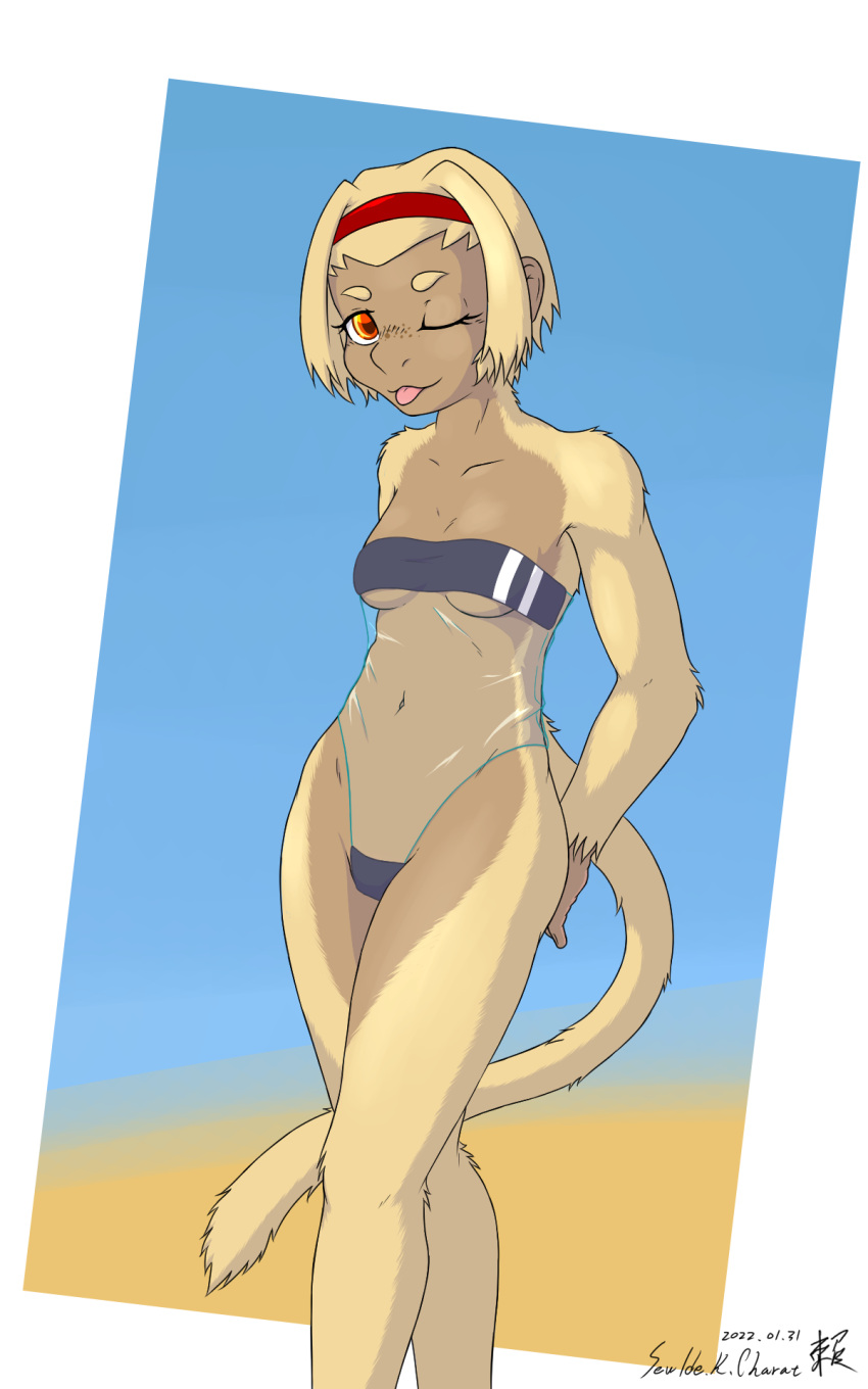 anthro clothing female gris_swimsuit haplorhine hi_res mammal meme meme_clothing monkey one-piece_swimsuit primate sewlde solo swimwear translucent translucent_clothing translucent_swimwear yang-mei_(sewlde)