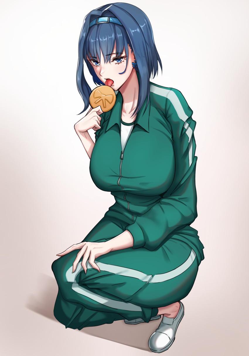 1girl absurdres alternate_costume blue_eyes blue_hair bow bow_earrings breasts cookie dalgona earrings food full_body green_jacket green_pants green_track_suit hair_intakes hairband hand_up highres holding holding_cookie holding_food hololive hololive_english jacket jewelry large_breasts licking looking_at_viewer ouro_kronii pants shoes short_hair solo squatting squid_game tongue tongue_out track_jacket track_pants white_footwear zenya zipper