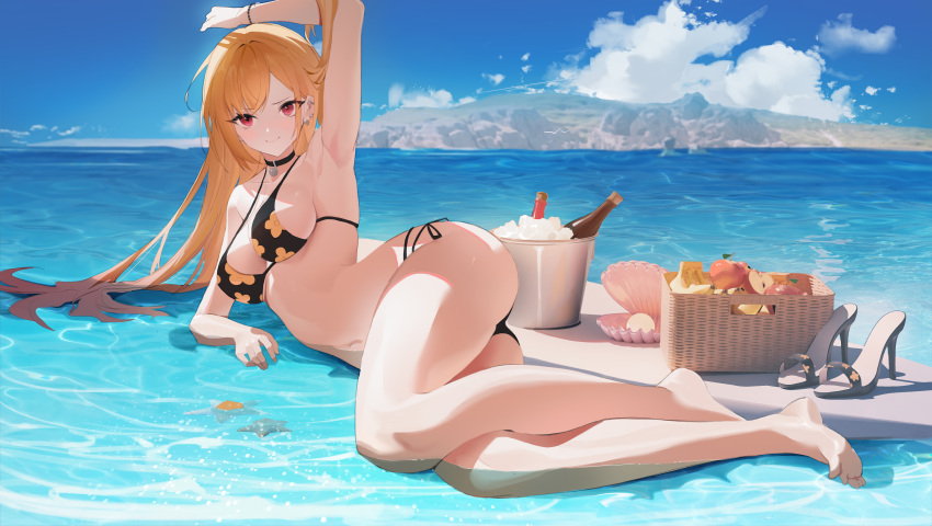 0_0_0 1girl absurdres arm_up armpits barefoot bikini black_bikini black_choker black_footwear blonde_hair blue_sky bottle breasts choker closed_mouth cloud commentary_request day ear_piercing earrings floral_print highres jewelry kitagawa_marin legs long_hair looking_at_viewer lying medium_breasts navel ocean on_side outdoors piercing print_bikini red_eyes sandals sandals_removed shell side-tie_bikini sky smile solo sono_bisque_doll_wa_koi_wo_suru swimsuit