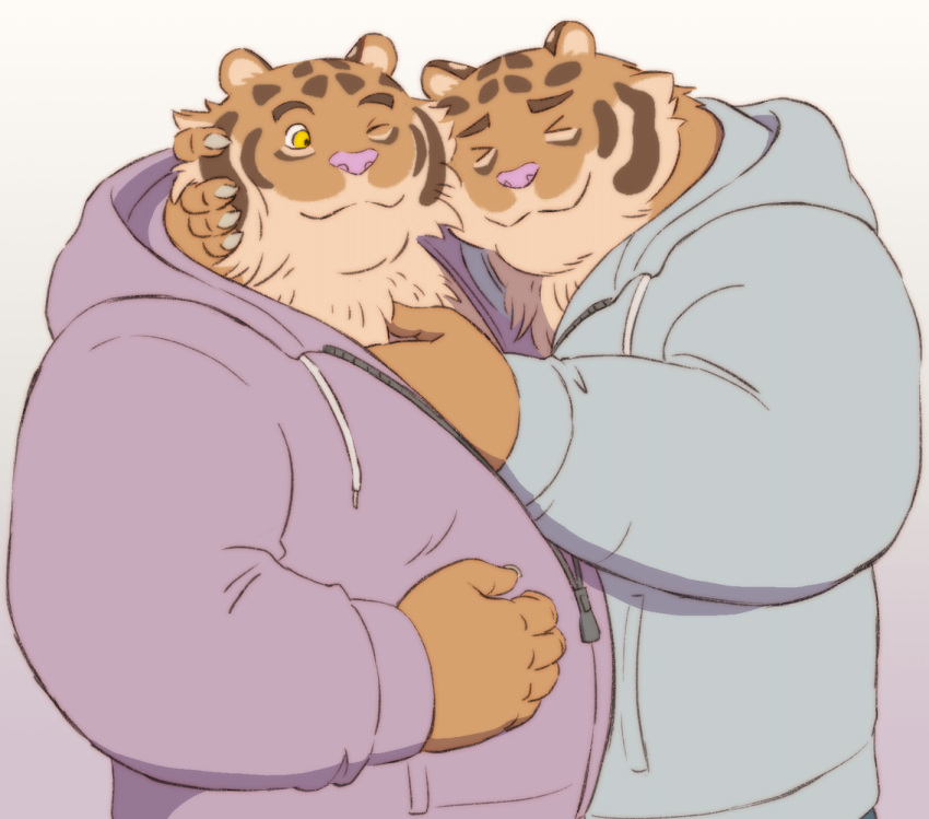 2022 anthro biped clothing duo embrace eyes_closed felid gadoran hoodie hug humanoid_hands kemono male male/male mammal one_eye_closed overweight pantherine pink_nose tiger topwear yellow_eyes