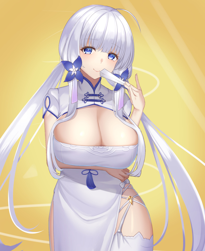 1girl arm_under_breasts azur_lane bangs blue_eyes breasts china_dress chinese_clothes cleavage closed_mouth dress eyebrows_visible_through_hair hair_ornament highres illustrious_(azur_lane) illustrious_(maiden_lily's_radiance)_(azur_lane) large_breasts long_hair looking_at_viewer mashiro03 official_alternate_costume short_sleeves silver_hair smile solo thighhighs twintails white_dress white_legwear yellow_background