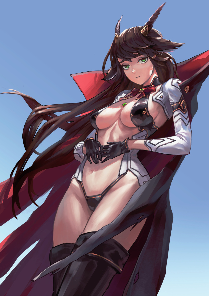 1girl black_gloves blue_background breasts brown_hair cape closed_mouth cowboy_shot gloves green_eyes guihuo_inferno highres horns leotard long_hair looking_at_viewer medium_breasts original revealing_clothes solo thighhighs