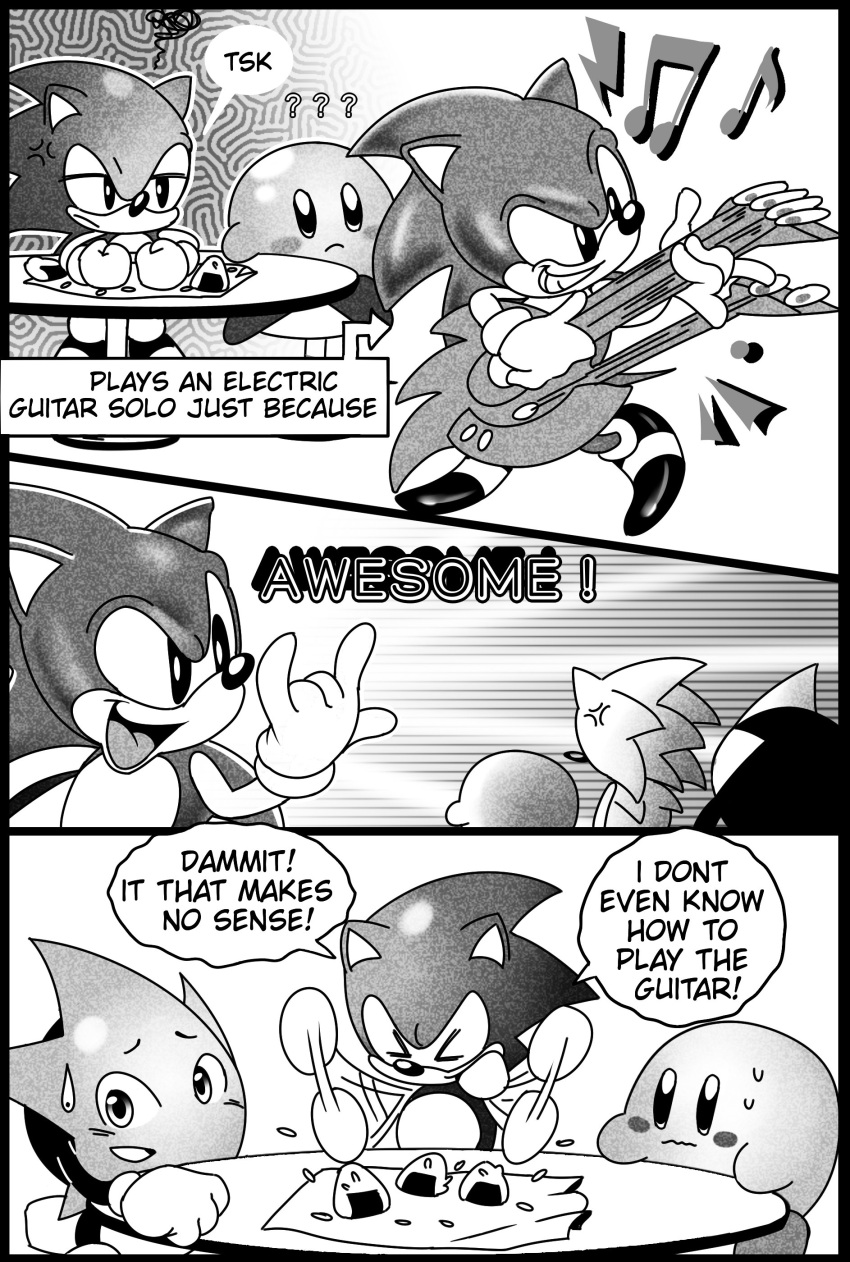 ? ?? \m/ absurdres anger_vein annoyed clenched_hands crossover english_text food furry furry_male greyscale guitar highres instrument kaylla kirby kirby_(series) monochrome music musical_note onigiri open_mouth playing_instrument ristar ristar_the_shooting_star sitting smile sonic_(series) sonic_the_hedgehog sonic_the_hedgehog_(classic) speech_bubble sweatdrop table