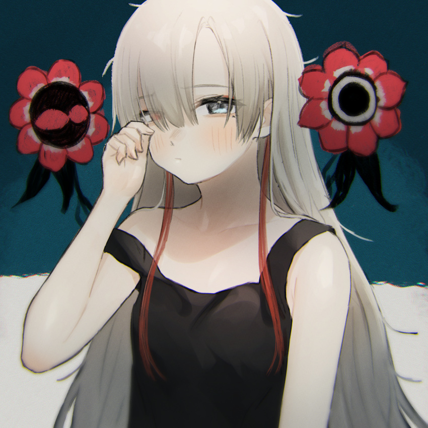 1girl absurdres bangs black_tank_top blue_eyes blush closed_mouth collarbone flower hair_between_eyes heterochromia highres isekai_joucho kamitsubaki_studio long_hair looking_at_viewer nezuko off_shoulder red_eyes rubbing_eyes silver_hair sleepy solo tank_top upper_body virtual_youtuber