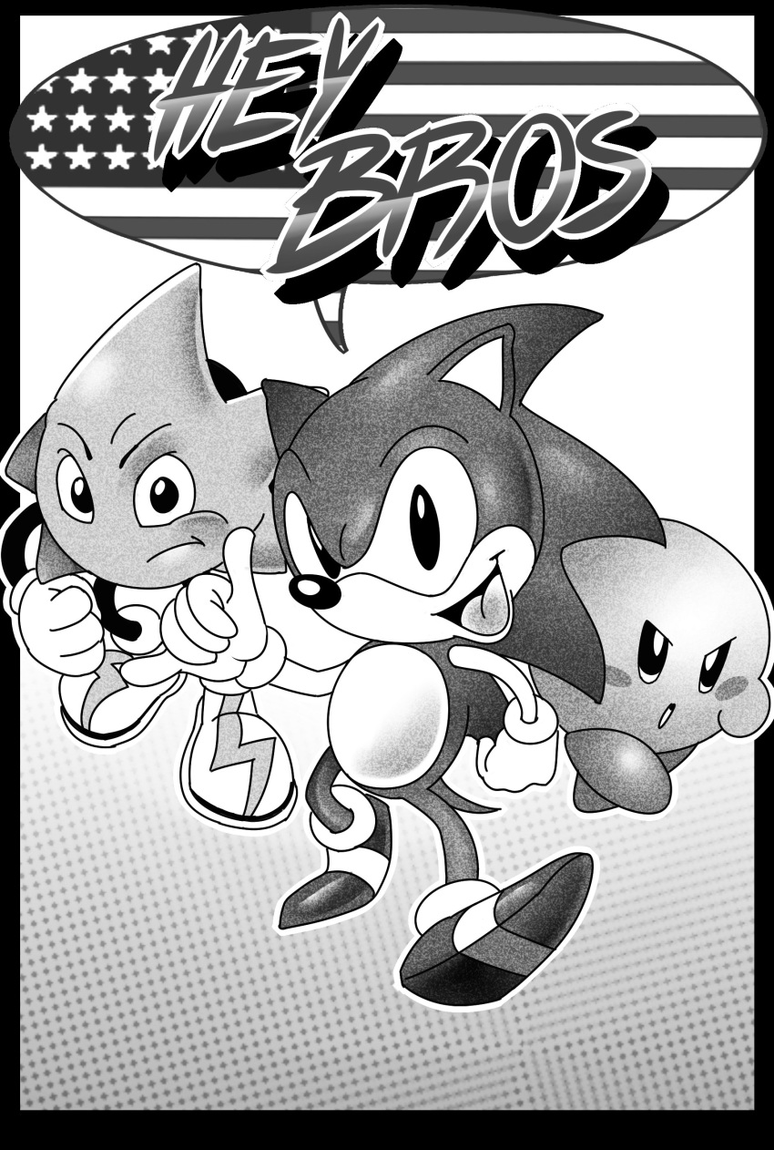 :o absurdres american_flag blush english_commentary english_text frown furry furry_male greyscale highres kaylla kirby kirby_(series) looking_at_viewer monochrome open_mouth pointing pointing_up ristar ristar_the_shooting_star shoes smile sneakers sonic_(series) sonic_the_hedgehog sonic_the_hedgehog_(classic) speech_bubble v-shaped_eyebrows v-shaped_eyes