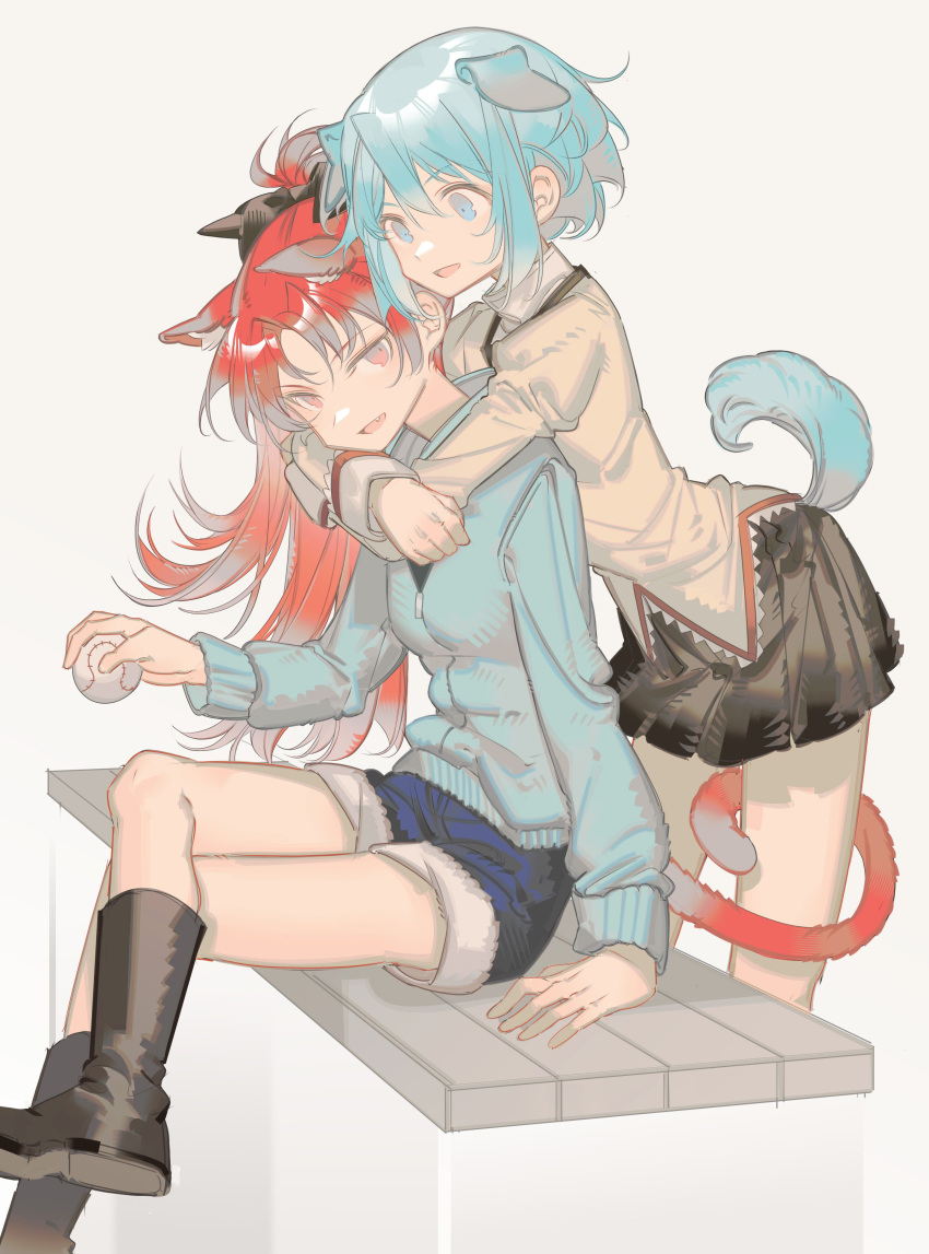 2girls absurdres animal_ears arm_support ball baseball black_footwear black_skirt blue_jacket boots brown_shirt cat_ears cat_girl cat_tail chinese_commentary commentary_request crossed_legs denim denim_shorts dog_ears dog_girl dog_tail fang highres holding holding_ball holding_with_tail hug hug_from_behind jacket juliet_sleeves kemonomimi_mode long_sleeves mahou_shoujo_madoka_magica miki_sayaka multiple_girls on_bench parted_lips prehensile_tail puffy_sleeves red_eyes red_hair rin_lingsong sakura_kyouko school_uniform shirt shorts simple_background sitting skirt tail white_background yuri