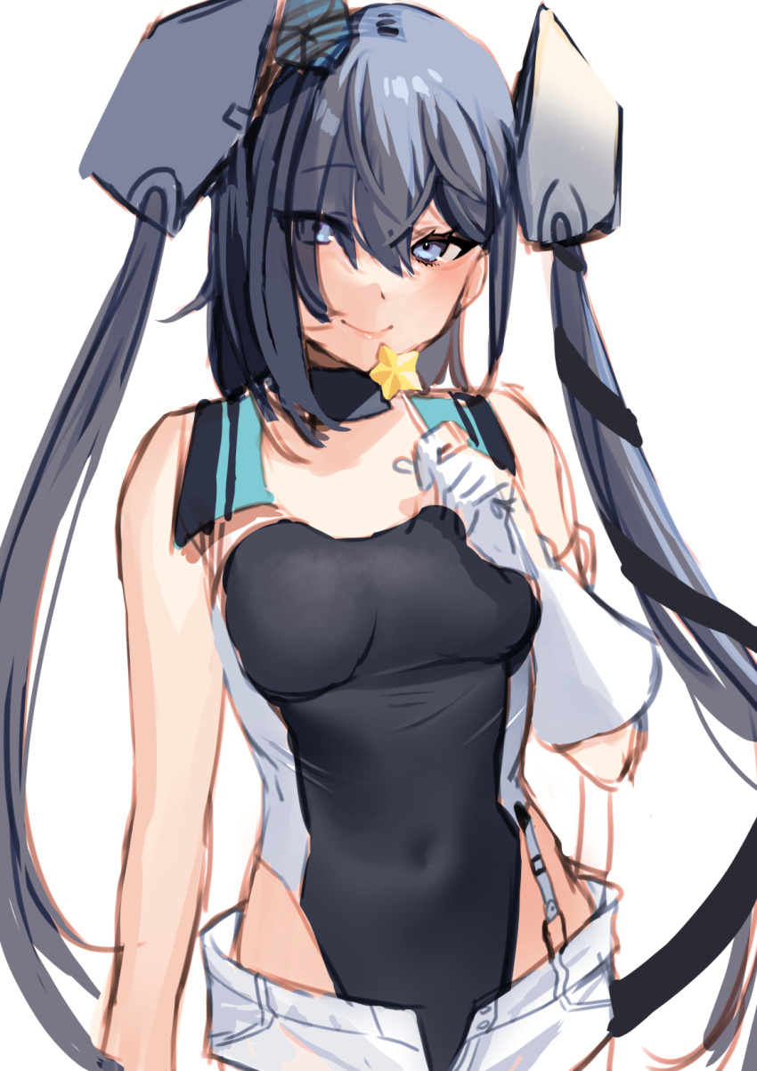 1girl akagi_kurage bangs blue_eyes blue_hair breasts candy commentary_request covered_navel food gloves hair_between_eyes hat headgear highres holding kantai_collection lollipop long_hair looking_at_viewer medium_breasts one-piece_swimsuit scamp_(kancolle) shorts simple_background sketch smile solo swimsuit two_side_up very_long_hair white_background white_gloves white_shorts