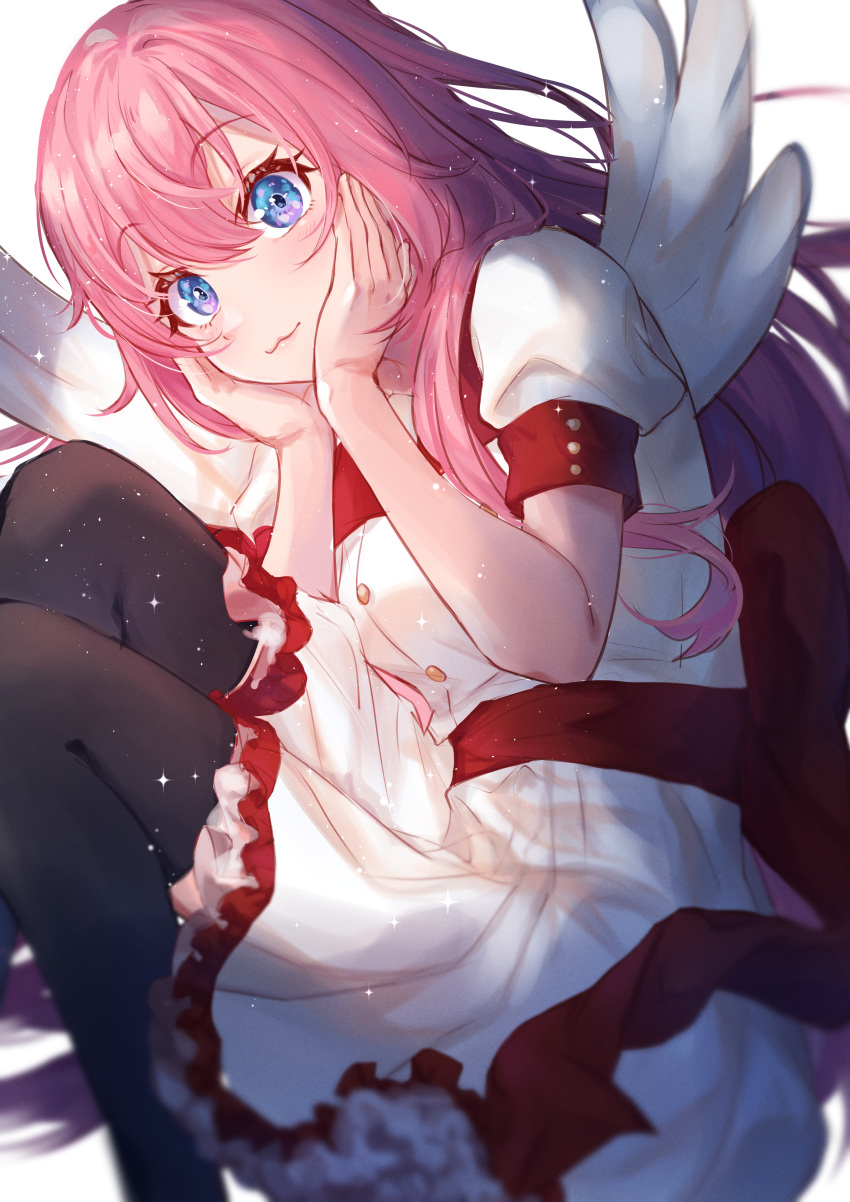 1girl :3 absurdres angel_wings back_bow black_legwear blue_eyes blurry blurry_foreground bow breasts commentary_request dreamin_chuchu_(vocaloid) dress eyebrows_visible_through_hair eyelashes feet_out_of_frame hands_on_own_cheeks hands_on_own_face highres knees_up long_hair looking_at_viewer medium_breasts megurine_luka pink_hair red_bow red_sash sash short_sleeves simple_background smile solo thighhighs very_long_hair vocaloid white_background white_dress wings yuzuha_wasa