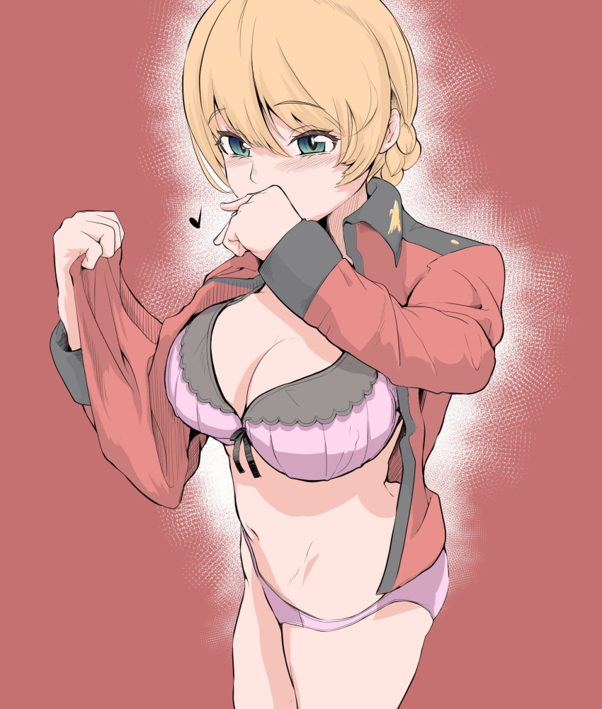 1girl blonde_hair blush bow bow_bra bra braid breasts cleavage covering_mouth darjeeling_(girls_und_panzer) every_bakutan french_braid girls_und_panzer green_eyes groin hair_between_eyes hand_over_own_mouth heart highres jacket large_breasts navel no_pants open_clothes panties pink_bra pink_panties red_background red_jacket self_exposure short_hair solo st._gloriana's_military_uniform underwear