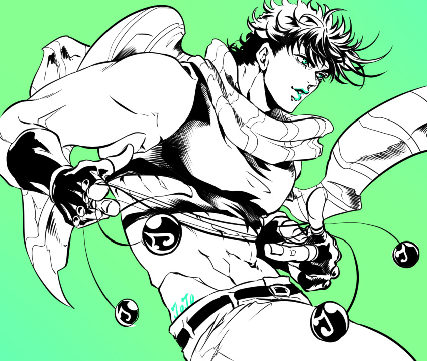 1boy abs battle_tendency bola_(weapon) crop_top fingerless_gloves gloves green_background green_eyes green_lips jojo_no_kimyou_na_bouken joseph_joestar joseph_joestar_(young) male_focus midriff monochrome p_(asobijanenda) scarf solo spot_color striped striped_scarf