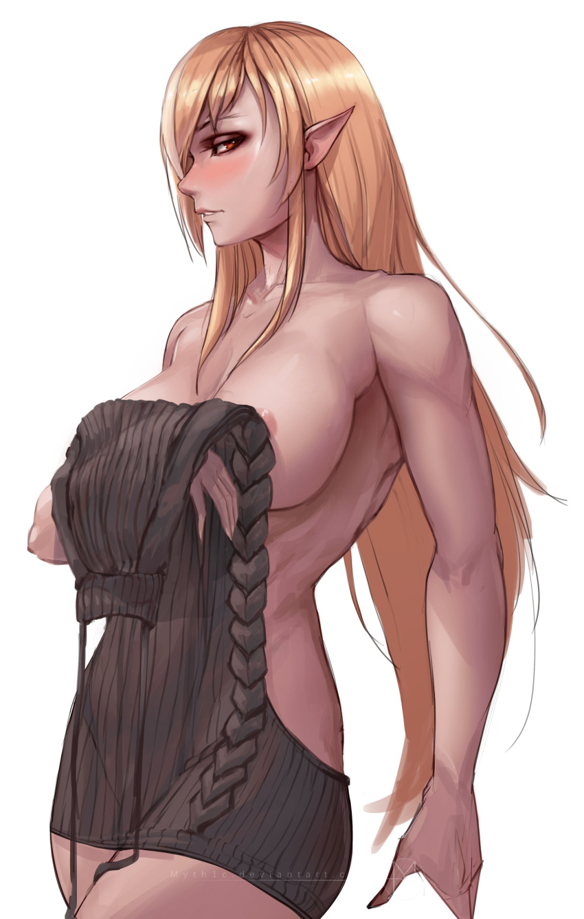 1girl absurdres areolae backless_dress backless_outfit bare_back bare_shoulders blonde_hair breasts dark-skinned_female dark_elf dark_skin drawstring dress elf grey_sweater hair_down highres hololive long_hair meme_attire multicolored_hair myth1carts naked_sweater pointy_ears ribbed_sweater shiranui_flare sideboob solo streaked_hair sweater sweater_dress thighs turtleneck virgin_killer_sweater virtual_youtuber