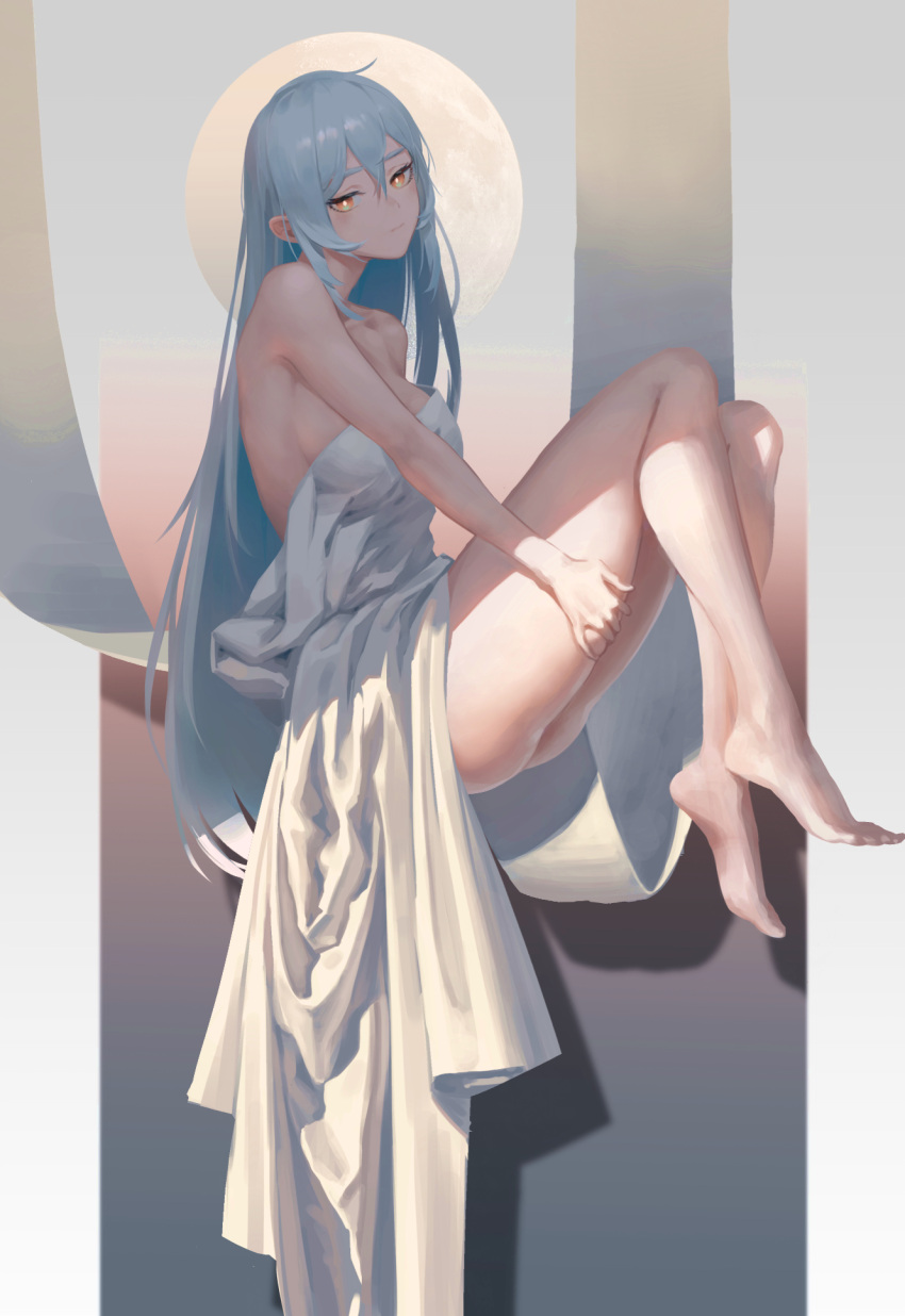 1girl bangs bare_shoulders barefoot blue_hair closed_mouth full_body guihuo_inferno hair_between_eyes highres knees_to_chest knees_up long_hair looking_at_viewer moon naked_towel orange_eyes original solo thigh_grab thighs towel