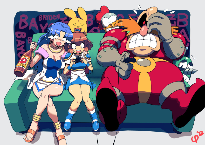 1boy 2girls :d absurdres adventures_of_sonic_the_hedgehog arle_nadja blue_footwear blue_skirt bottle breasts brown_hair carbuncle_(puyopuyo) chilidog_(lumchan777) cleavage clenched_teeth controller couch dr._eggman dr._robotnik's_mean_bean_machine facial_hair full_body grounder_(adventures_of_sonic_the_hedgehog) hand_on_another's_shoulder highres holding holding_bottle jewelry large_breasts laughing medium_breasts miniskirt multiple_girls mustache playing_games puyopuyo puyopuyo_fever rulue_(puyopuyo) sandals scratch_(adventures_of_sonic_the_hedgehog) sitting skirt smile sonic_(series) teeth toe_ring
