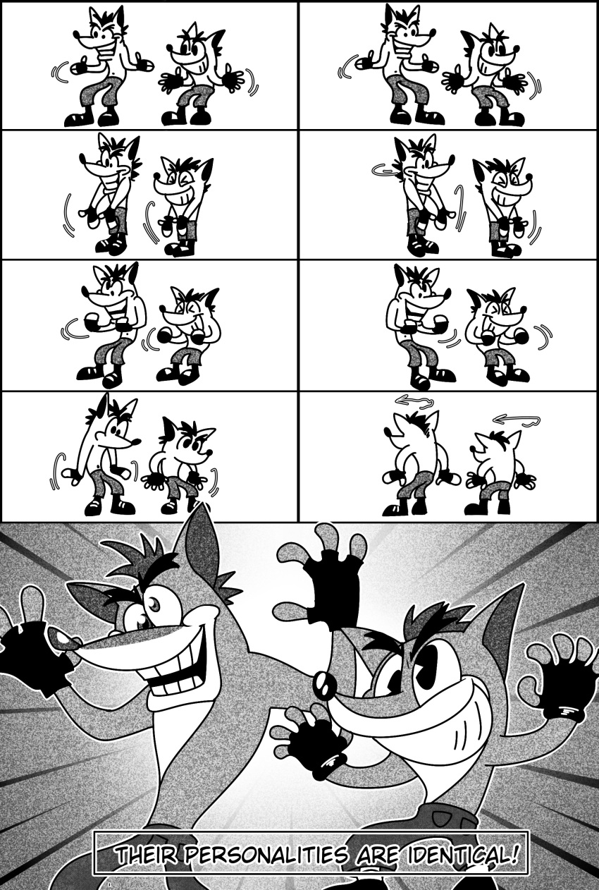 &gt;_&lt; absurdres crash_bandicoot crash_bandicoot_(series) dancing dual_persona english_text fingerless_gloves gloves greyscale highres kaylla looking_to_the_side monochrome no_humans open_hands open_mouth smile v-shaped_eyebrows