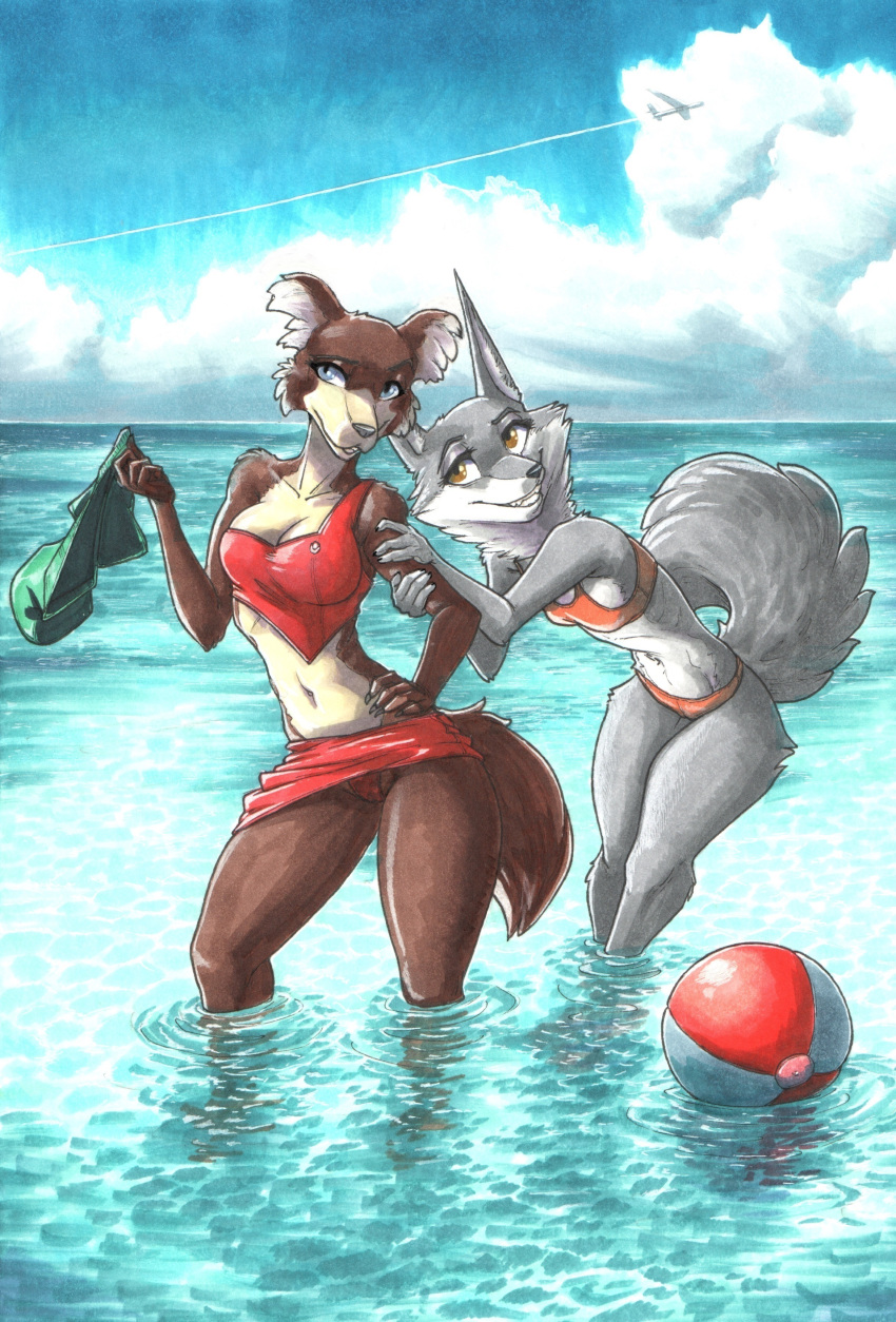 2022 5_fingers absurd_res aircraft airplane anthro ball beach_ball beastars big_breasts bikini bikini_skirt biped blue_eyes blue_sky bottomwear breasts brown_body brown_fur canid canine canis clothing cloud countershade_breasts countershade_face countershade_fur countershade_neck countershade_torso countershading detailed_background duo ewgengster_(artist) eyelashes female female/female fingers fluffy fluffy_tail front_view fur grey_body grey_fur grey_nose hand_on_hip hi_res holding_clothing holding_object humanoid_hands illumination_entertainment inflatable juno_(beastars) long_ears looking_aside mammal marker_(artwork) navel orange_bikini orange_clothing orange_swimwear outside partially_submerged porsha_crystal prick_ears red_bikini red_bottomwear red_clothing red_skirt sea sing_(movie) skirt sky small_breasts smile snout standing swimwear tan_body tan_countershading teeth thigh_tuft traditional_media_(artwork) upskirt water wide_hips wolf yellow_eyes