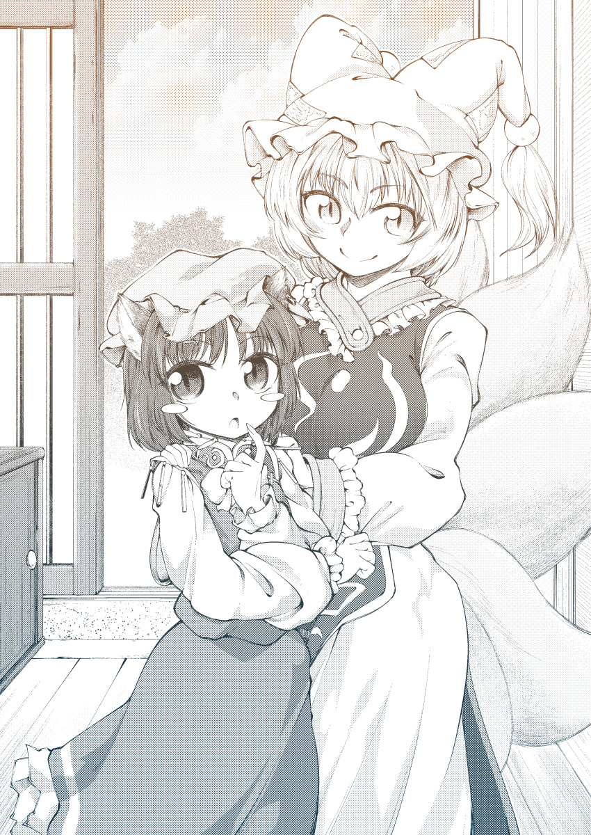 0-den 2girls :o absurdres animal_ears arm_around_shoulder arm_under_breasts bangs blush_stickers bow bowtie breasts cabinet cat_ears chen closed_mouth cloud cumulonimbus_cloud day eyebrows_visible_through_hair feet_out_of_frame flat_chest fox_ears fox_tail frills greyscale hair_between_eyes hand_on_another's_shoulder hand_up hat highres indoors large_breasts long_sleeves looking_at_viewer looking_to_the_side mob_cap monochrome multiple_girls multiple_tails no_tail open_mouth petticoat puffy_long_sleeves puffy_sleeves skirt slit_pupils smile tabard tail tassel thinking touhou tress vest wooden_floor yakumo_ran