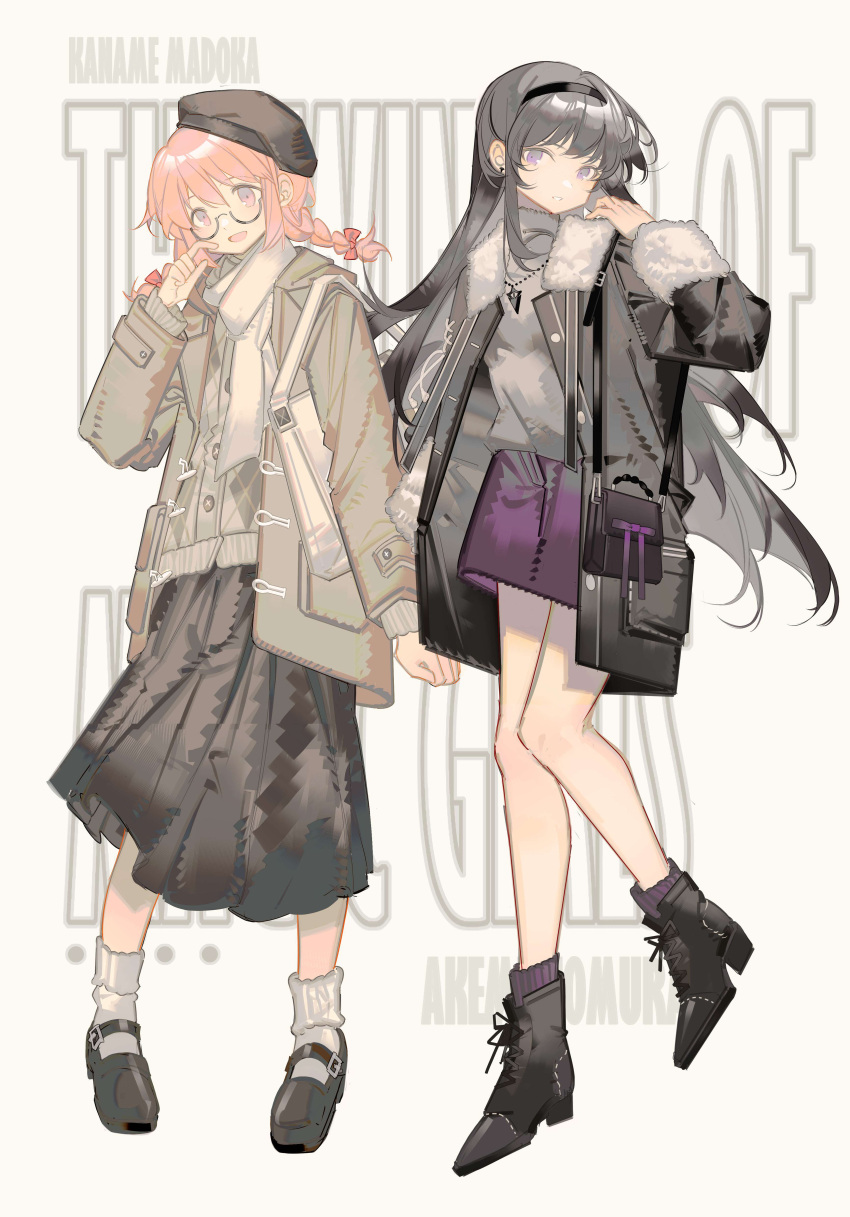 2girls absurdres akemi_homura bag black_coat black_footwear black_hair black_hairband black_headwear black_skirt boots bow braid brown_jacket character_name chinese_commentary coat commentary_request full_body fur-trimmed_jacket fur_trim glasses grey_legwear grey_shirt grey_sweater hair_bow hairband hand_up highres jacket jewelry kaname_madoka long_hair long_sleeves looking_at_viewer mahou_shoujo_madoka_magica multiple_girls necklace open_mouth parted_lips pink_bow pink_eyes pink_hair purple_eyes purple_skirt rin_lingsong scarf semi-rimless_eyewear shirt shoulder_bag simple_background skirt smile socks sweater twin_braids under-rim_eyewear white_background white_scarf