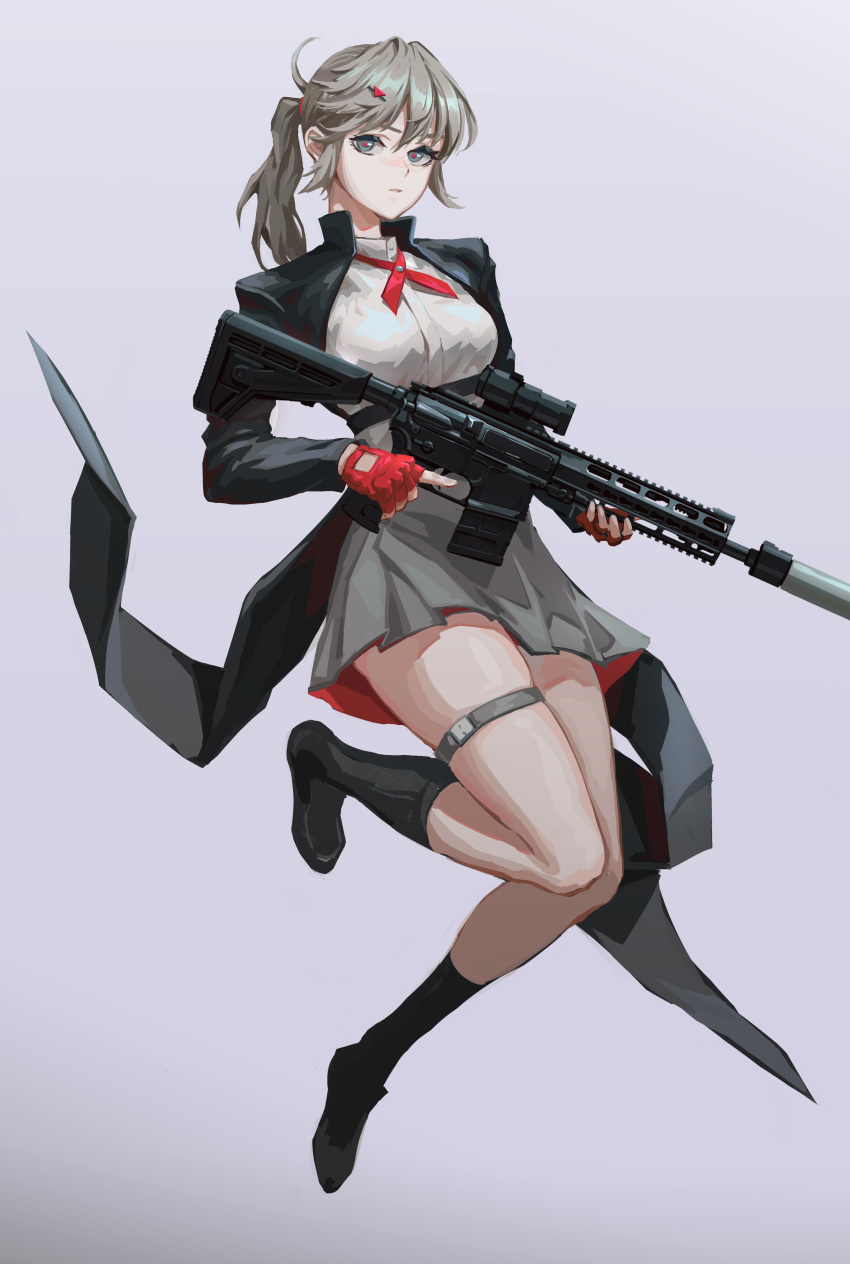 1girl absurdres ar-15 assault_rifle fingerless_gloves floating full_body gloves grey_eyes grey_hair guihuo_inferno gun hair_ornament hairpin high_collar highres holding holding_gun holding_weapon jacket looking_at_viewer open_clothes open_jacket original parted_lips ponytail red_gloves rifle shirt simple_background skirt socks solo tailcoat thigh_strap weapon