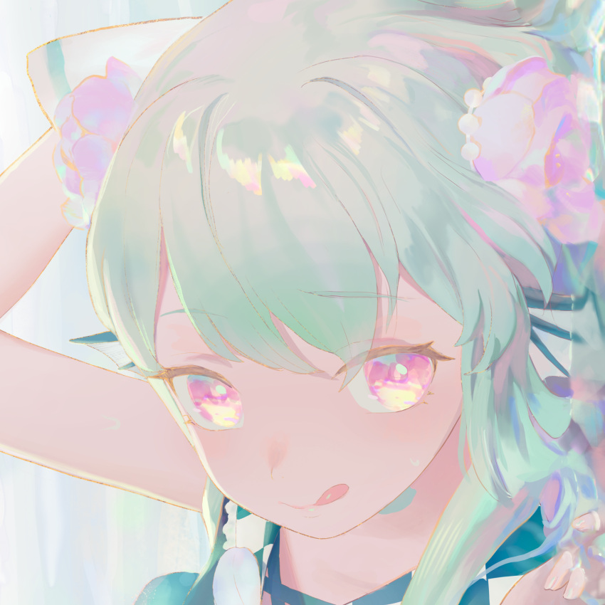 1girl :q eyebrows_visible_through_hair finana_ryugu flower green_hair hair_flower hair_ornament hand_up head_fins highres looking_at_viewer nijisanji nijisanji_en pink_eyes pink_flower portrait pumpkinspicelatte smile solo tongue tongue_out