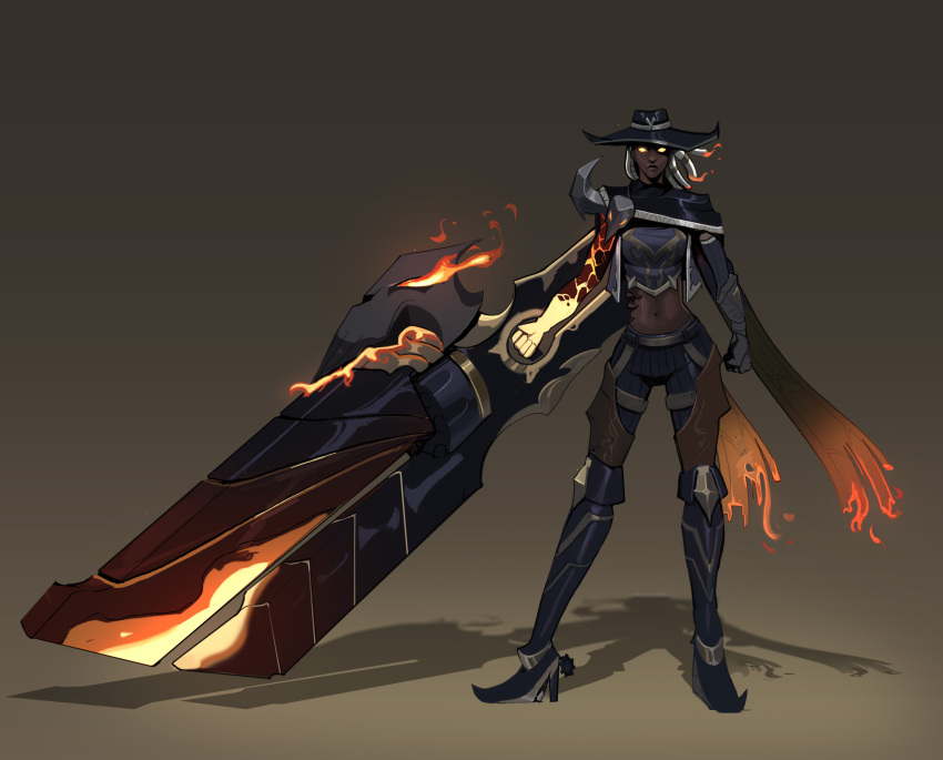 1girl absurdres bangs belt black_capelet black_headwear boots breasts brown_background capelet clenched_hand crop_top dark-skinned_female dark_skin fiery_hair fire flame full_body gauntlets glowing glowing_eyes gradient gradient_background gun hairlocs high_heel_boots high_heels high_noon_senna highres holding holding_gun holding_weapon large_breasts league_of_legends looking_at_viewer navel official_alternate_costume orange_scarf pants scarf senna_(league_of_legends) solo standing stomach thigh_boots thighhighs vincent_t_(oriaarts) weapon white_hair