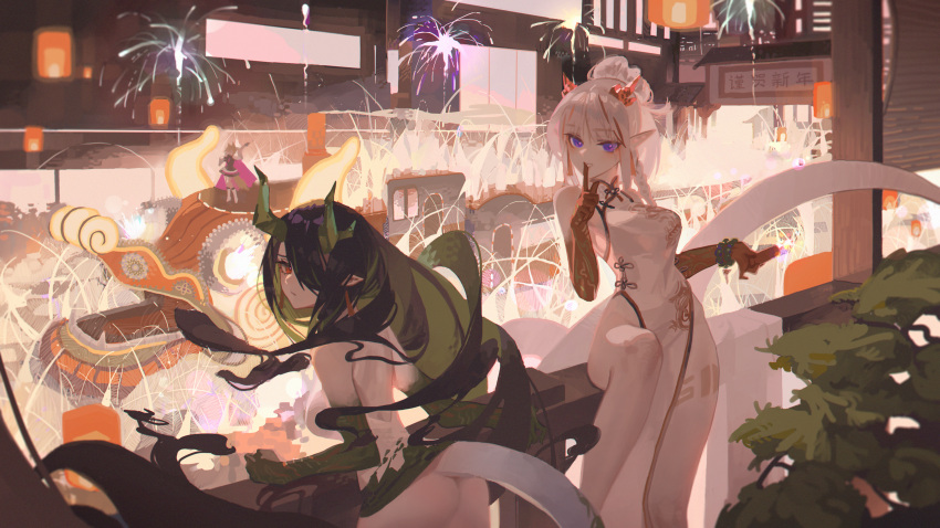 2girls absurdres arknights ass black_hair braid breasts china_dress chinese_clothes chinese_new_year closed_mouth colored_skin dragon_girl dragon_horns dragon_tail dress dusk_(arknights) finger_to_mouth fireworks from_behind gradient_skin green_skin hair_over_one_eye highres horns index_finger_raised leg_up long_hair looking_at_viewer looking_back medium_breasts ming_chen multicolored_hair multiple_girls nian_(arknights) no_panties official_alternate_costume on_railing outdoors parade parted_lips pointy_ears ponytail purple_eyes red_eyes red_hair red_skin shushing siblings side_braid silver_hair sisters sitting sleeveless sleeveless_dress streaked_hair tail two-tone_hair two_side_up white_dress