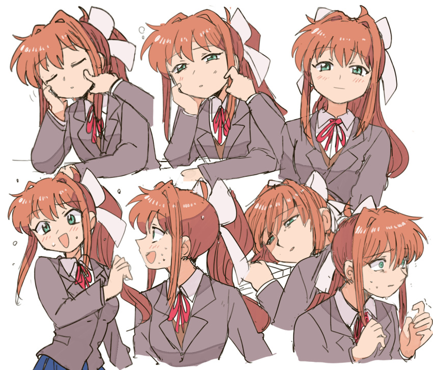 1girl blazer blue_skirt blush brown_hair brown_jacket cheek_poking closed_eyes closed_mouth desk doki_doki_literature_club embarrassed green_eyes half-closed_eyes hand_on_own_face jacket long_hair looking_at_viewer monika_(doki_doki_literature_club) open_mouth opening_eyes poking ponytail ribbon scared school_uniform skirt sleeping smile solo tired trembling tsubobot waking_up white_ribbon