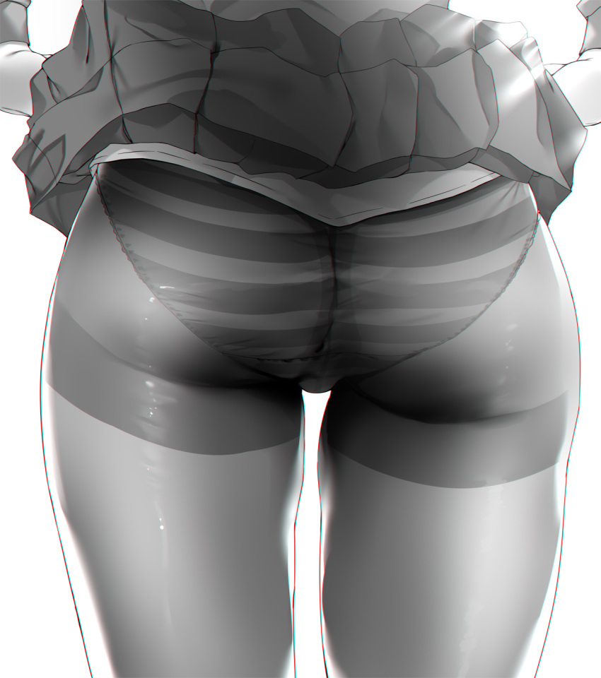 1girl ass ass_focus clothes_lift from_behind greyscale highres lifted_by_self lower_body monochrome noto_kurumi original panties panties_under_pantyhose pantyhose pleated_skirt simple_background skirt skirt_lift solo striped striped_panties underwear white_background