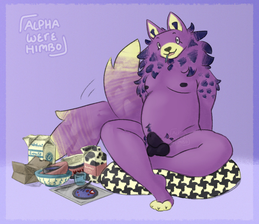 alpha_werehimbo animal_crossing anthro canid canine canis fluffy fluffy_tail food genitals hair hi_res male mammal nintendo open_mouth overweight penis purple_hair smile solo tail_motion tailwag tarou_(animal_crossing) video_games wolf