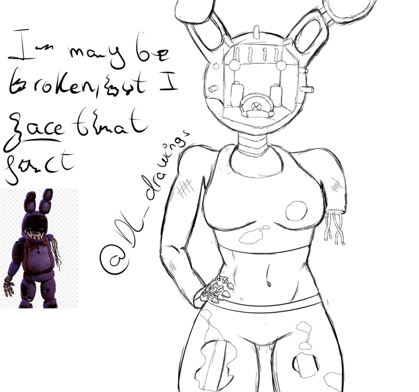 animatronic anthro athletic athletic_female breasts clothed clothing desesperadoleon english_text female five_nights_at_freddy's five_nights_at_freddy's_2 front_view hi_res lagomorph leporid machine mammal robot scottgames solo sportswear text video_games withered_bonnie_(fnaf)
