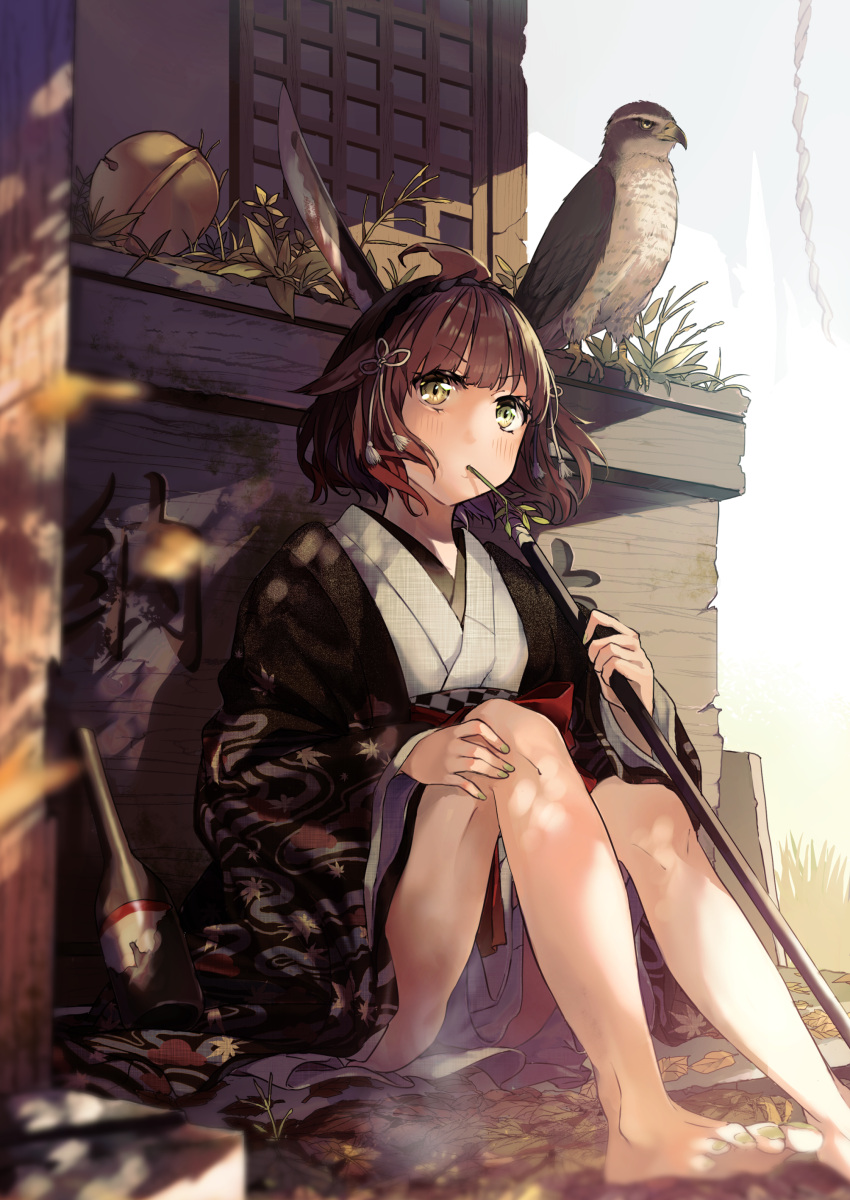 1girl absurdres animal bangs barefoot bell bird blush brown_hair checkered closed_mouth commentary_request eyebrows_visible_through_hair green_eyes highres holding holding_polearm holding_weapon japanese_clothes jingle_bell kimono knees_up looking_at_viewer mouth_hold naginata obi open_clothes original polearm sash short_hair solo soranagi_yuki stalk_in_mouth v-shaped_eyebrows weapon white_kimono
