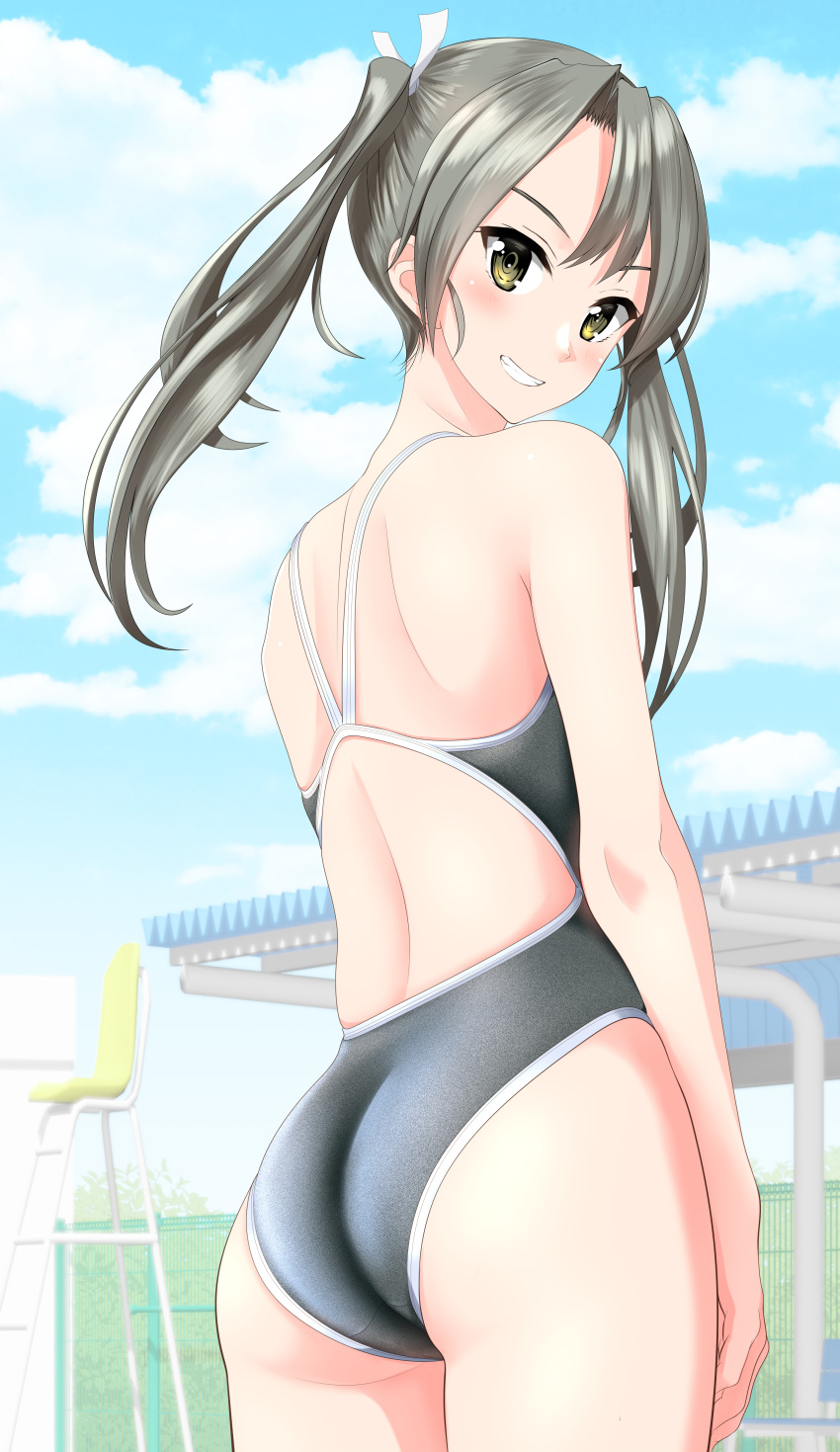 1girl absurdres ass blue_sky breasts brown_eyes cloud competition_swimsuit cowboy_shot from_behind grey_hair grey_swimsuit grin hair_ribbon highres kantai_collection long_hair looking_at_viewer looking_back one-piece_swimsuit ribbon sky small_breasts smile solo swimsuit takafumi twintails white_ribbon zuikaku_(kancolle)