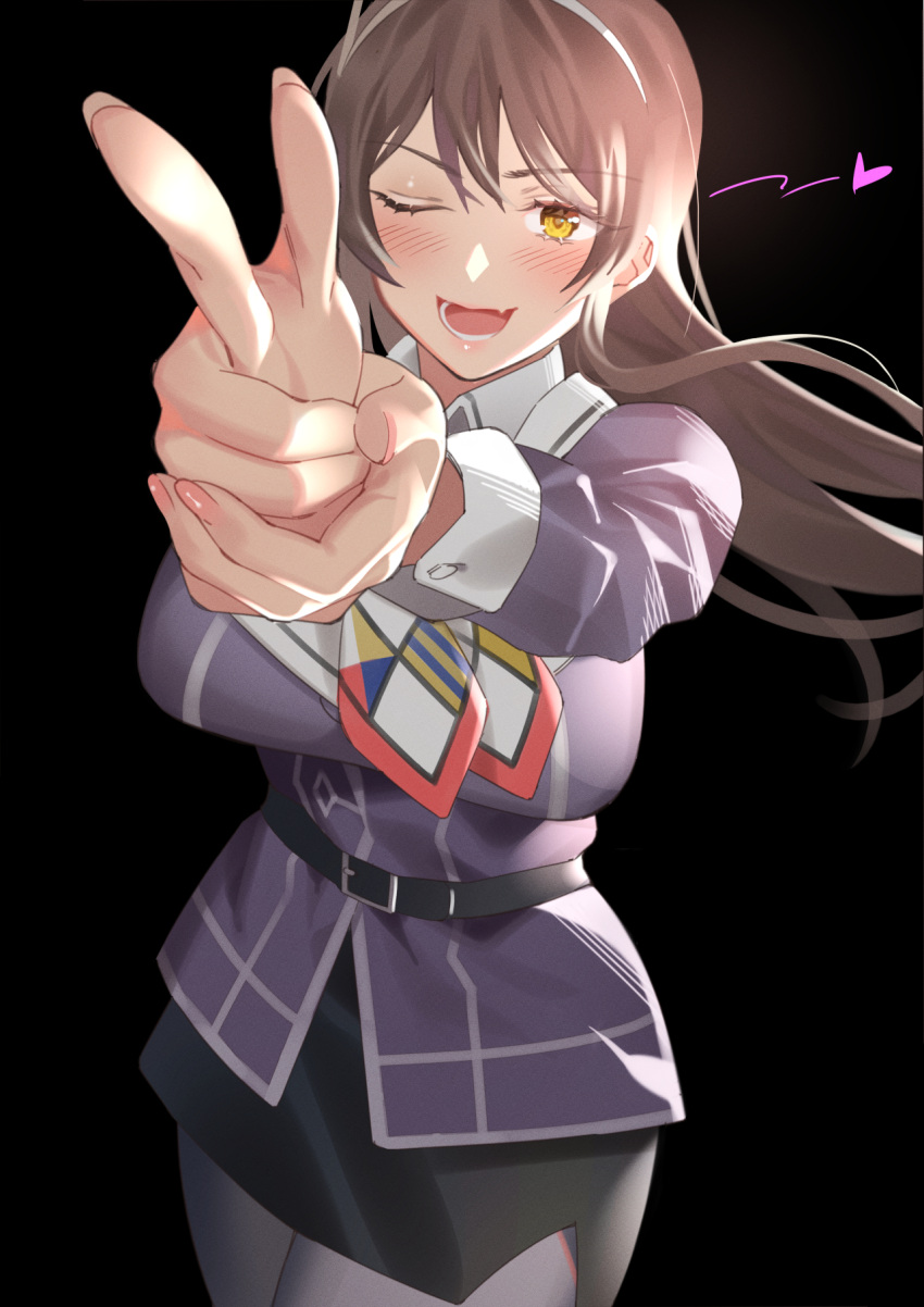 1girl ashigara_(kancolle) bangs belt belt_buckle black_background black_belt black_skirt blush breasts brown_hair buckle commentary_request cowboy_shot eyebrows_visible_through_hair fang finger_gun floating_hair hairband heart highres jacket kantai_collection kitazawa_(embers) large_breasts long_hair long_sleeves looking_at_viewer nail_polish one_eye_closed own_hands_together pink_nails purple_jacket simple_background skin_fang skirt sleeve_cuffs solo standing uniform white_hairband yellow_eyes