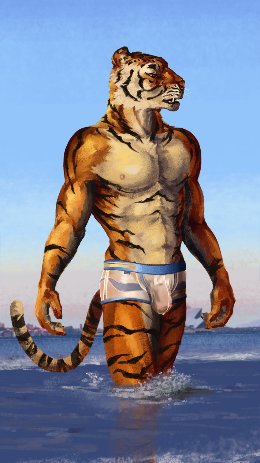 absurd_res anthro boxer_briefs bulge cierras clothing felid feline hi_res male mammal pantherine seaside solo tiger underwear water wave wet wet_clothing wet_underwear