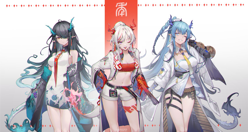 3girls ;d absurdres arknights bandeau bangs bare_shoulders bead_bracelet beads belt black_belt black_coat black_hair black_shorts blue_eyes blue_hair bracelet braid breasts brown_belt cleavage coat commentary_request dress dusk_(arknights) eminya27 feet_out_of_frame gourd gradient gradient_background grey_background grin hair_over_one_eye hand_up head_tilt highres holding horns jewelry large_breasts ling_(arknights) long_hair long_sleeves looking_at_viewer midriff multiple_girls navel necktie nian_(arknights) off_shoulder one_eye_closed open_clothes open_coat orange_eyes pencil_dress pointy_ears purple_eyes red_necktie short_shorts shorts siblings silver_hair single_braid sisters sleeveless sleeveless_dress smile standing stomach strapless tail thighs tongue tongue_out tube_top very_long_hair white_coat white_dress white_shorts wide_sleeves yellow_necktie