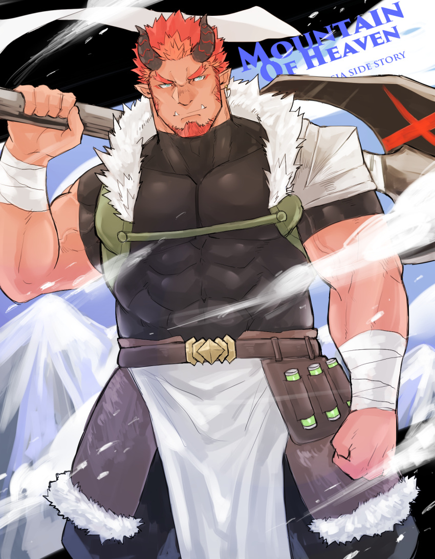 1boy axe bara closed_mouth commentary_request highres hiraga0613 holding horns looking_at_viewer male_focus mature_male muscular muscular_male orange_hair pixiv_fantasia pixiv_fantasia_mountain_of_heaven smile solo spiked_hair tusks valkus_dranzad_(pixiv_fantasia) weapon