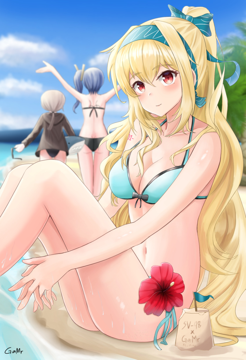 3girls beach bikini black_bikini blonde_hair blue_hair breasts day eyewear_removed flower gamryous girls'_frontline green_bikini hair_ribbon hibiscus high_ponytail highres hood hoodie k11_(girls'_frontline) long_hair m200_(girls'_frontline) multiple_girls navel red_eyes ribbon sand_castle sand_sculpture side_ponytail silver_hair sky sv-98_(girls'_frontline) swimsuit