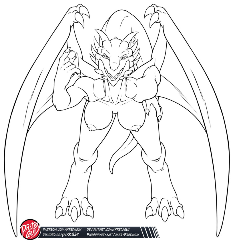 1:1 2021 3_toes 5_fingers 8_horns alternate_species anthro anthrofied areola artist_logo bent_over big_breasts big_tail biped black_and_white breasts claws coin digital_drawing_(artwork) digital_media_(artwork) digitigrade dragon dragon's_dogma feet female finger_claws fingers front_view hi_res holding_coin holding_object horn huge_breasts humanoid_hands leaning leaning_forward line_art logo long_tail looking_at_viewer madeleine_(dragon's_dogma) membrane_(anatomy) membranous_wings monochrome multi_horn nipples non-mammal_breasts nude open_mouth open_smile predaguy pupils scalie simple_background slit_pupils smile smiling_at_viewer solo teeth text thick_tail toe_claws toes url western_dragon white_background wing_claws wings
