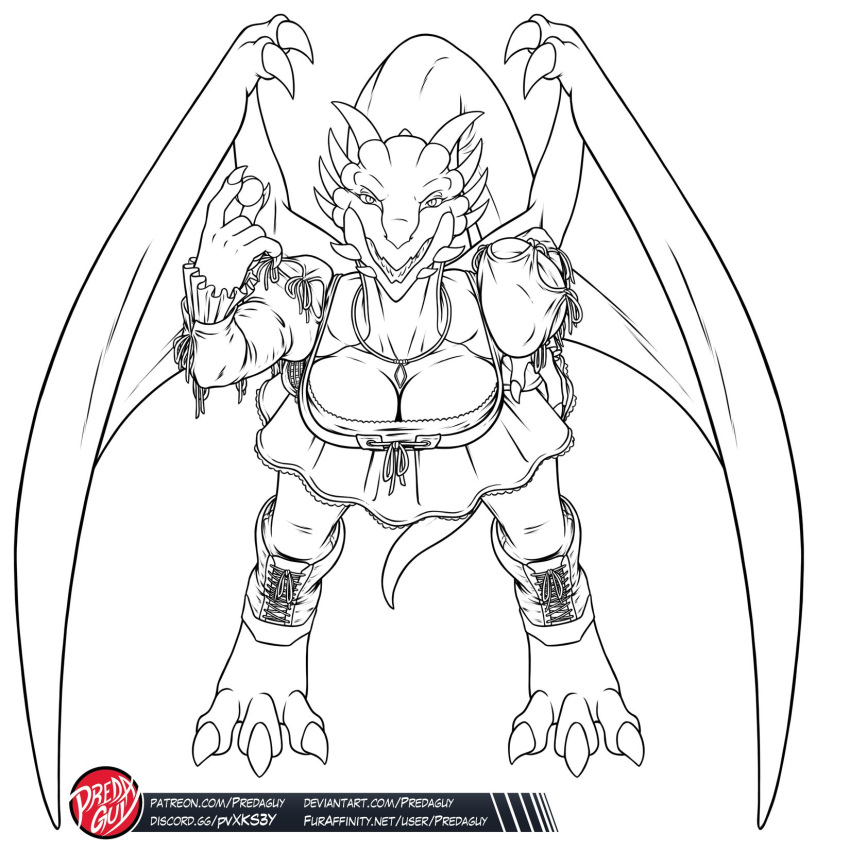 1:1 2021 3_toes 5_fingers 8_horns alternate_species anthro anthrofied artist_logo bent_over big_breasts big_tail biped black_and_white breasts claws cleavage clothed clothing coin digital_drawing_(artwork) digital_media_(artwork) digitigrade dragon dragon's_dogma dress feet female finger_claws fingers front_view fully_clothed hi_res holding_coin holding_object horn huge_breasts humanoid_hands jewelry leaning leaning_forward line_art logo long_tail looking_at_viewer madeleine_(dragon's_dogma) membrane_(anatomy) membranous_wings monochrome multi_horn necklace non-mammal_breasts open_mouth open_smile predaguy pupils scalie simple_background slit_pupils smile smiling_at_viewer solo teeth text thick_tail toe_claws toes url western_dragon white_background wing_claws wings
