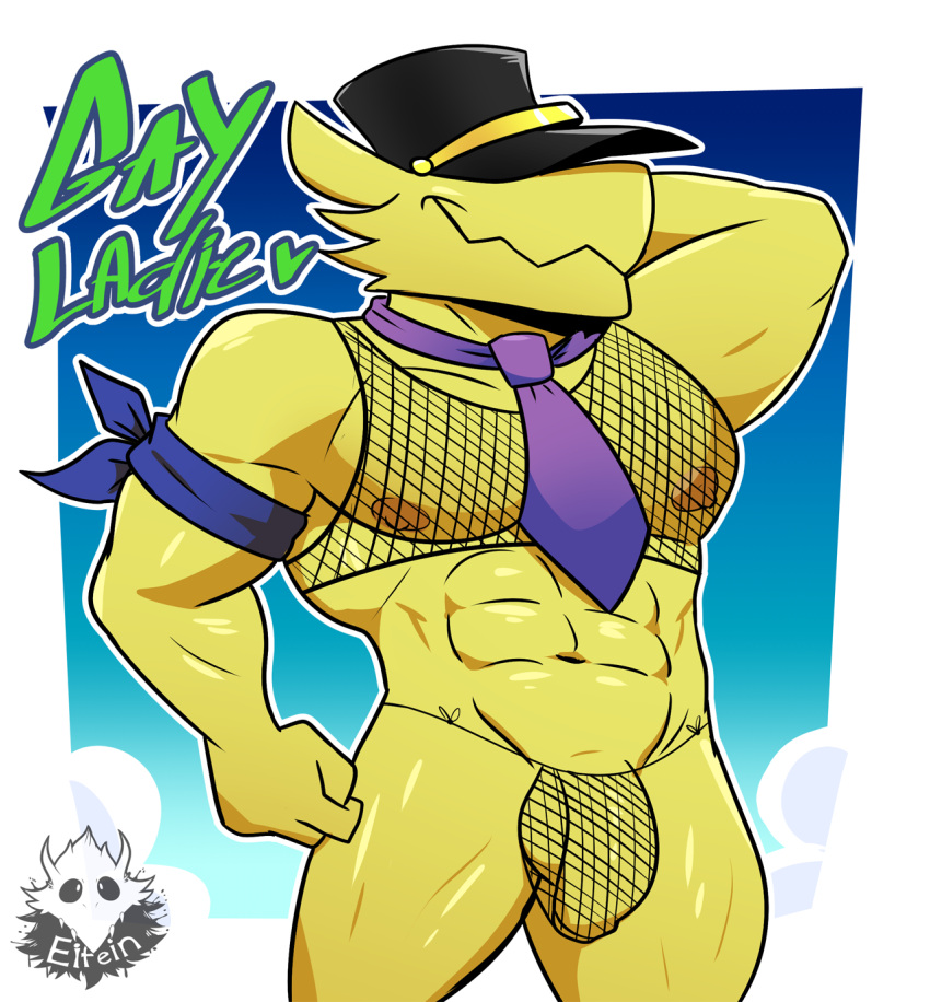 &lt;3 2018 a_hat_in_time abs anthro avian balls big_muscles bird bulge clothing elfein fishnet fishnet_topwear fishnet_underwear genitals hand_behind_head hat headgear headwear hi_res male muscular muscular_anthro muscular_male navel necktie nipples pecs penis purple_necktie signature smile solo standing text the_conductor underwear yellow_balls yellow_body yellow_penis