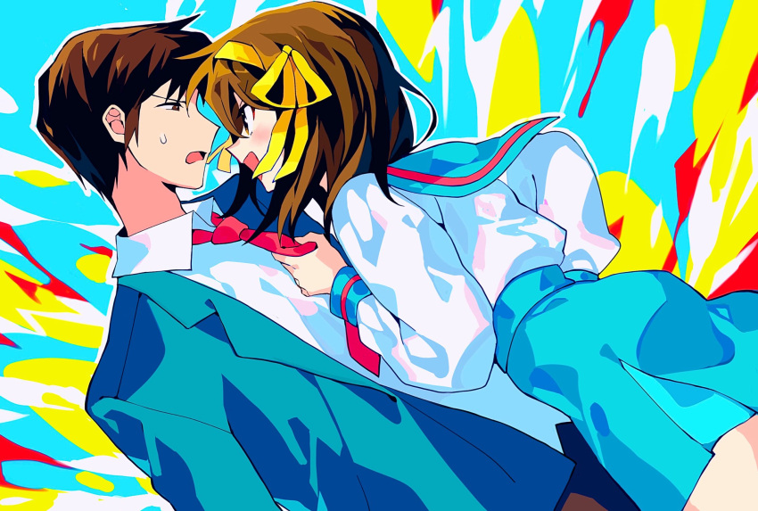 1boy 1girl :d blazer blue_sailor_collar blue_skirt blush bob_cut brown_eyes brown_hair brown_pants commentary_request eyebrows_visible_through_hair green_jacket hair_ribbon hairband highres jacket kita_high_school_uniform kyon long_sleeves looking_at_another mochoeru multicolored_background necktie necktie_grab neckwear_grab nervous open_clothes open_jacket open_mouth pants red_necktie ribbon sailor_collar school_uniform serafuku shirt short_hair skirt smile suzumiya_haruhi suzumiya_haruhi_no_yuuutsu sweatdrop white_shirt yellow_hairband yellow_ribbon