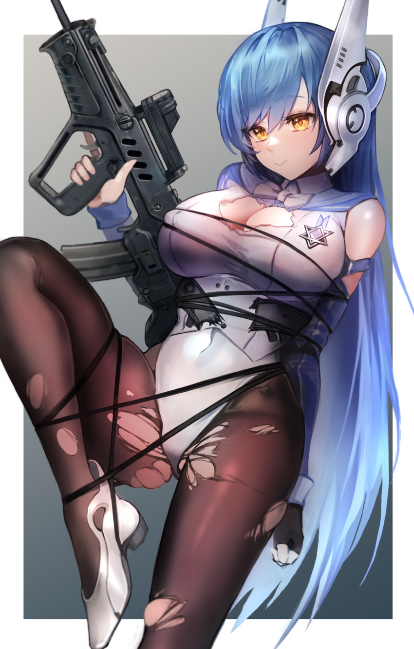 1girl assault_rifle blue_hair brown_legwear bullpup commission dano english_commentary girls'_frontline gun hexagram highres holding holding_gun holding_weapon imi_tavor_tar-21 leotard long_hair pantyhose restrained rifle robot_ears shoes smile solo standing standing_on_one_leg star_of_david tar-21_(girls'_frontline) torn_clothes torn_legwear torn_leotard very_long_hair weapon white_footwear white_leotard yellow_eyes
