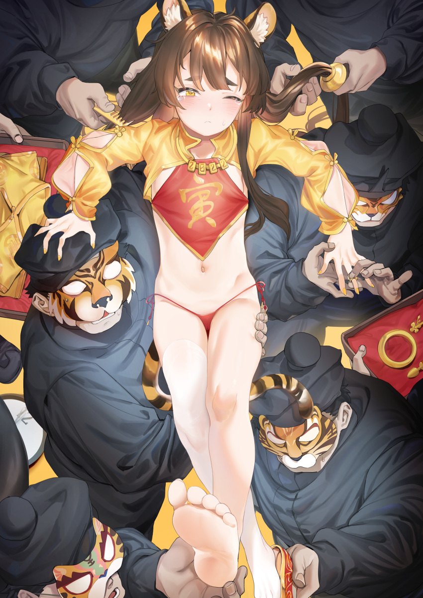 1girl 6+boys absurdres animal_ears animal_print bikini blush brown_hair chinese_clothes chinese_zodiac closed_mouth comb djheycha dudou flat_chest highres jewelry looking_at_viewer micro_bikini multiple_boys navel nose_blush one_eye_closed original single_thighhigh soles solo_focus stomach string_bikini sweatdrop swimsuit tail thighhighs tiger_ears tiger_girl tiger_mask_(object) tiger_print tiger_tail year_of_the_tiger yellow_eyes