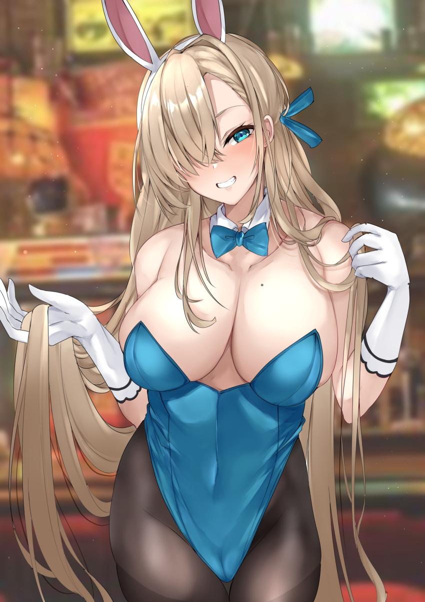 1girl animal_ears aqua_eyes asuna_(blue_archive) bangs black_legwear blue_archive blue_bow blue_bowtie blue_leotard blurry blurry_background blush bow bowtie breasts cleavage collarbone commentary_request covered_navel cowboy_shot detached_collar elbow_gloves fake_animal_ears gloves hair_ornament hair_over_one_eye hairband highleg highleg_leotard highres large_breasts leotard light_brown_hair long_hair looking_at_viewer mole mole_on_breast mutou_(94753939) one_eye_covered pantyhose parted_lips playboy_bunny rabbit_ears smile solo white_gloves white_hairband