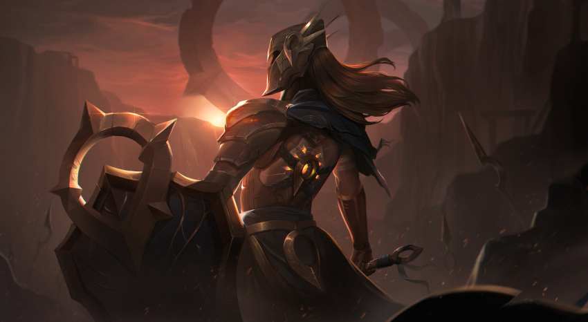 1girl absurdres armor brown_hair from_behind full_armor gauntlets helm helmet highres holding holding_shield holding_weapon knight league_of_legends leona_(league_of_legends) long_hair pauldrons planted shield shoulder_armor solo standing sunset vincent_t_(oriaarts) weapon