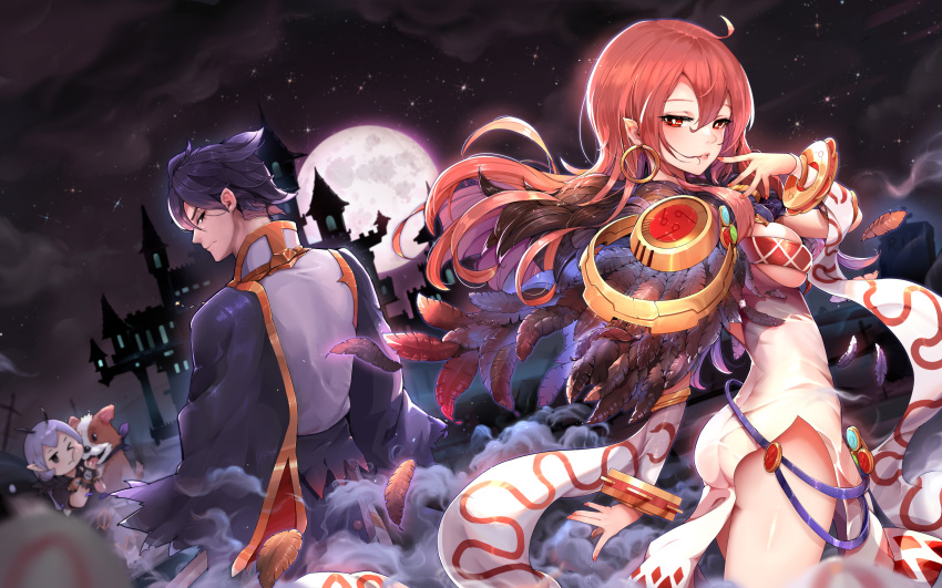 1boy 1girl 1other absurdres black_eyes black_hair breasts castle cloud dog dress earrings feathers finger_to_mouth from_side full_moon highres jewelry kiyomasa_ren looking_at_viewer looking_back medium_breasts moon night night_sky original outdoors pointy_ears red_eyes red_hair sky smoke star_(sky) starry_sky