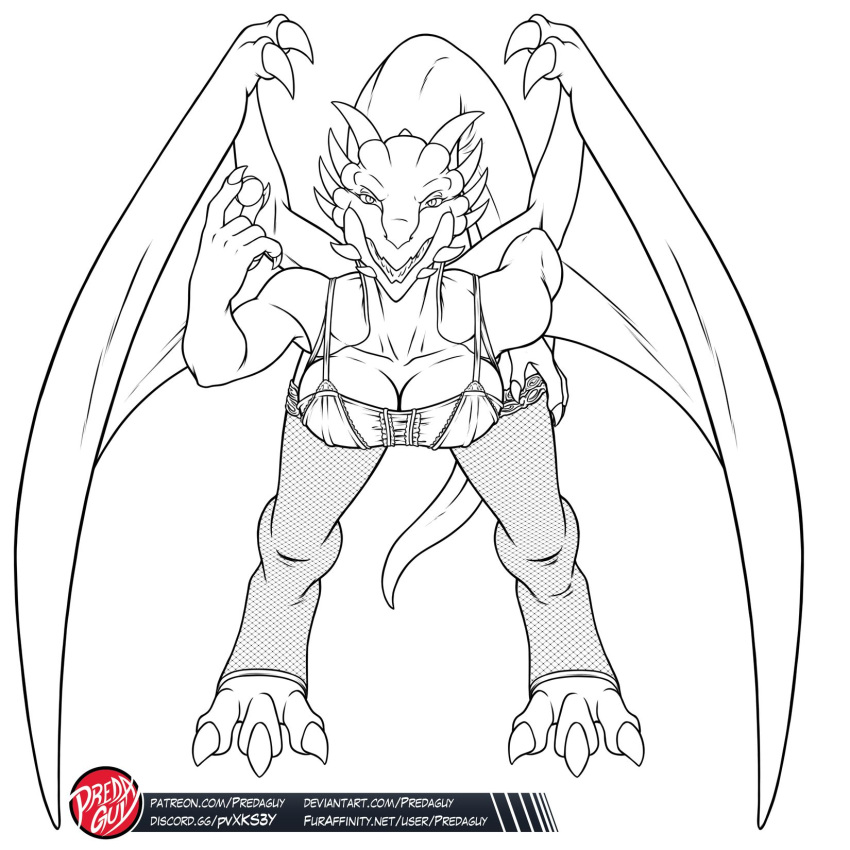1:1 2021 3_toes 5_fingers 8_horns alternate_species anthro anthrofied artist_logo bent_over big_breasts big_tail biped black_and_white breasts claws cleavage clothed clothing coin digital_drawing_(artwork) digital_media_(artwork) digitigrade dragon dragon's_dogma feet female finger_claws fingers fishnet fishnet_legwear front_view fully_clothed hi_res holding_coin holding_object horn huge_breasts humanoid_hands leaning leaning_forward legwear line_art logo long_tail looking_at_viewer madeleine_(dragon's_dogma) membrane_(anatomy) membranous_wings monochrome multi_horn non-mammal_breasts open_mouth open_smile predaguy pupils scalie shirt simple_background slit_pupils smile smiling_at_viewer solo tank_top teeth text thick_tail toe_claws toes topwear url western_dragon white_background wing_claws wings